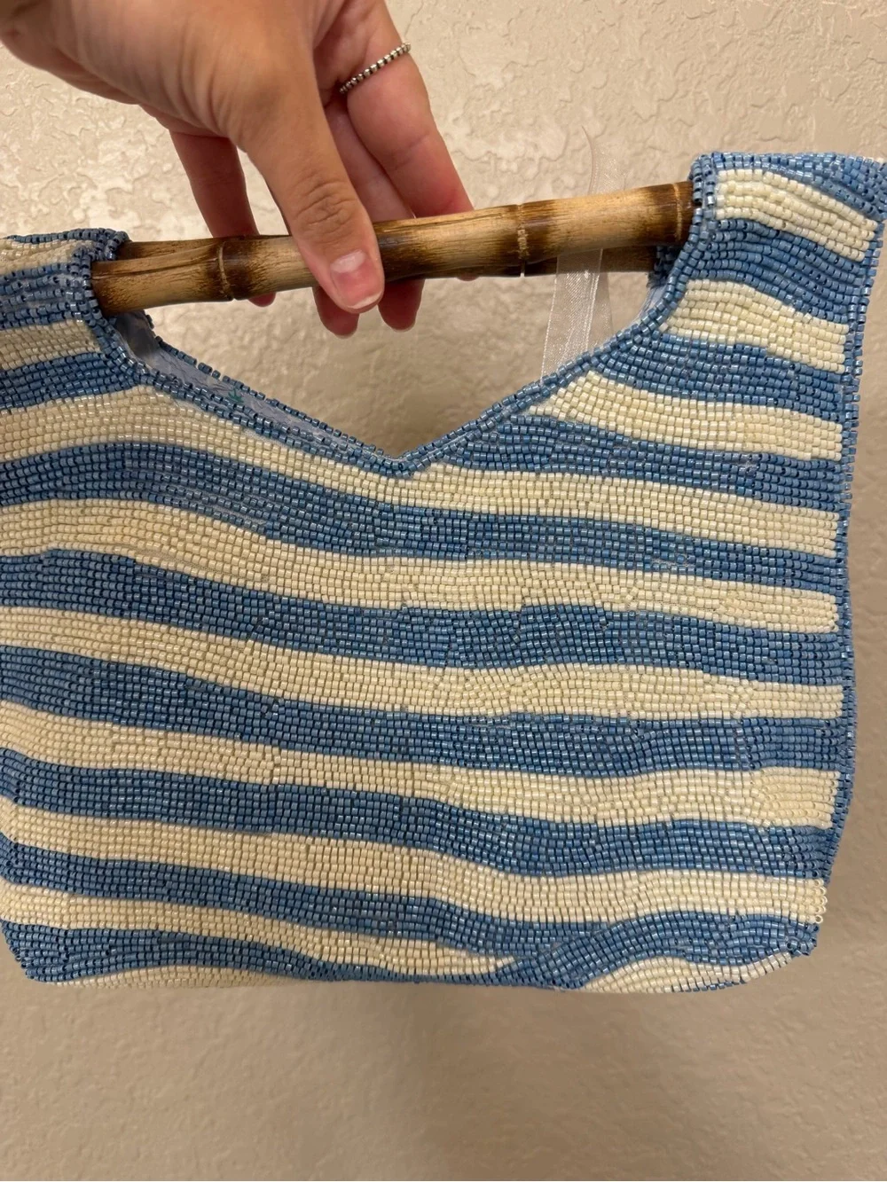 Viral Turtle & Crabs Blue White Striped Bamboo Handle Beaded Clutch - FIRM PRICE